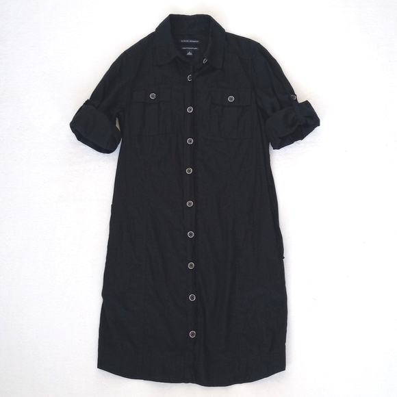 Banana Republic 3/4 Sleeve Black Soft Italian Cotton Button Down Shirt Dress 2 - Picture 15 of 16